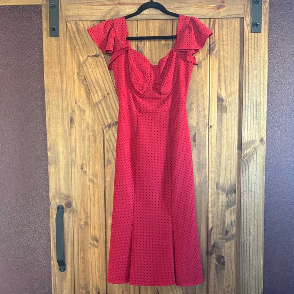 Stop Staring! ❤️ Polka Dot Midi Dress with Ruffle Shoulders